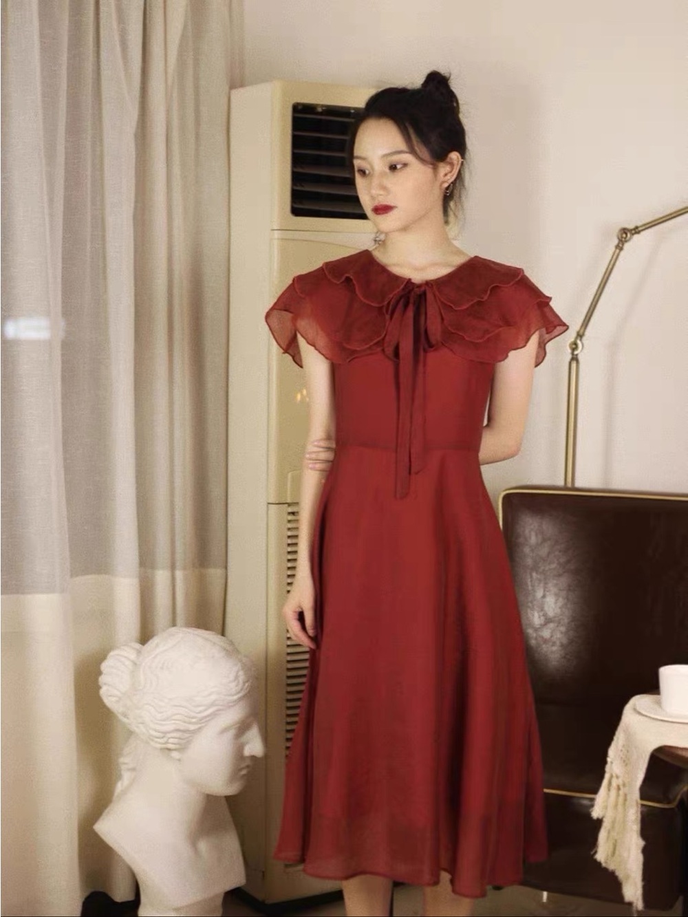 Red Ruffle Collar Midi Dress with Tie Neck